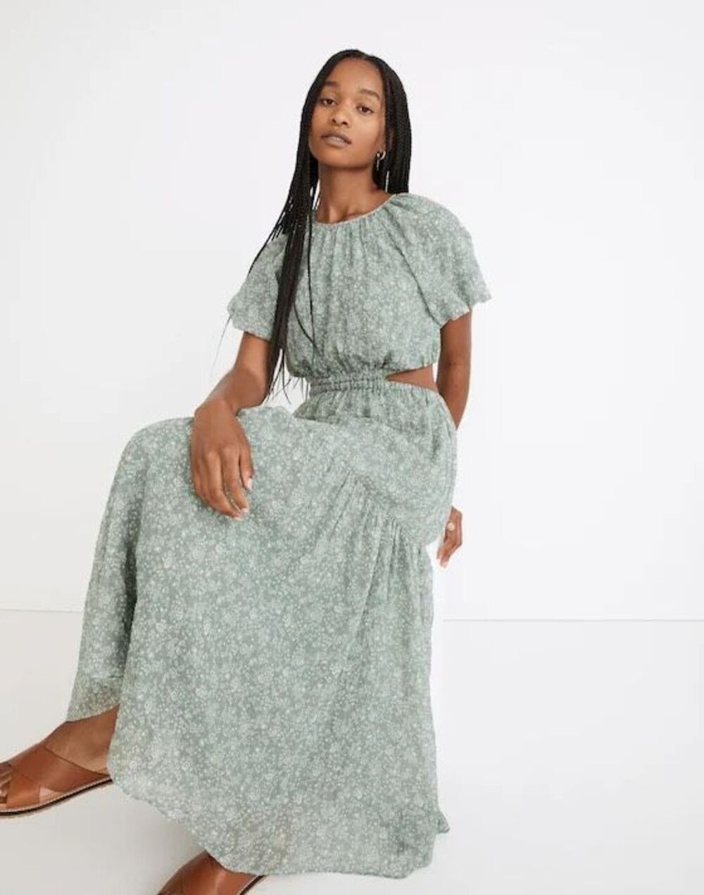 Madewell Seersucker Puff-Sleeve Cutout Midi Dress Piazza Floral in Ashen Sage S